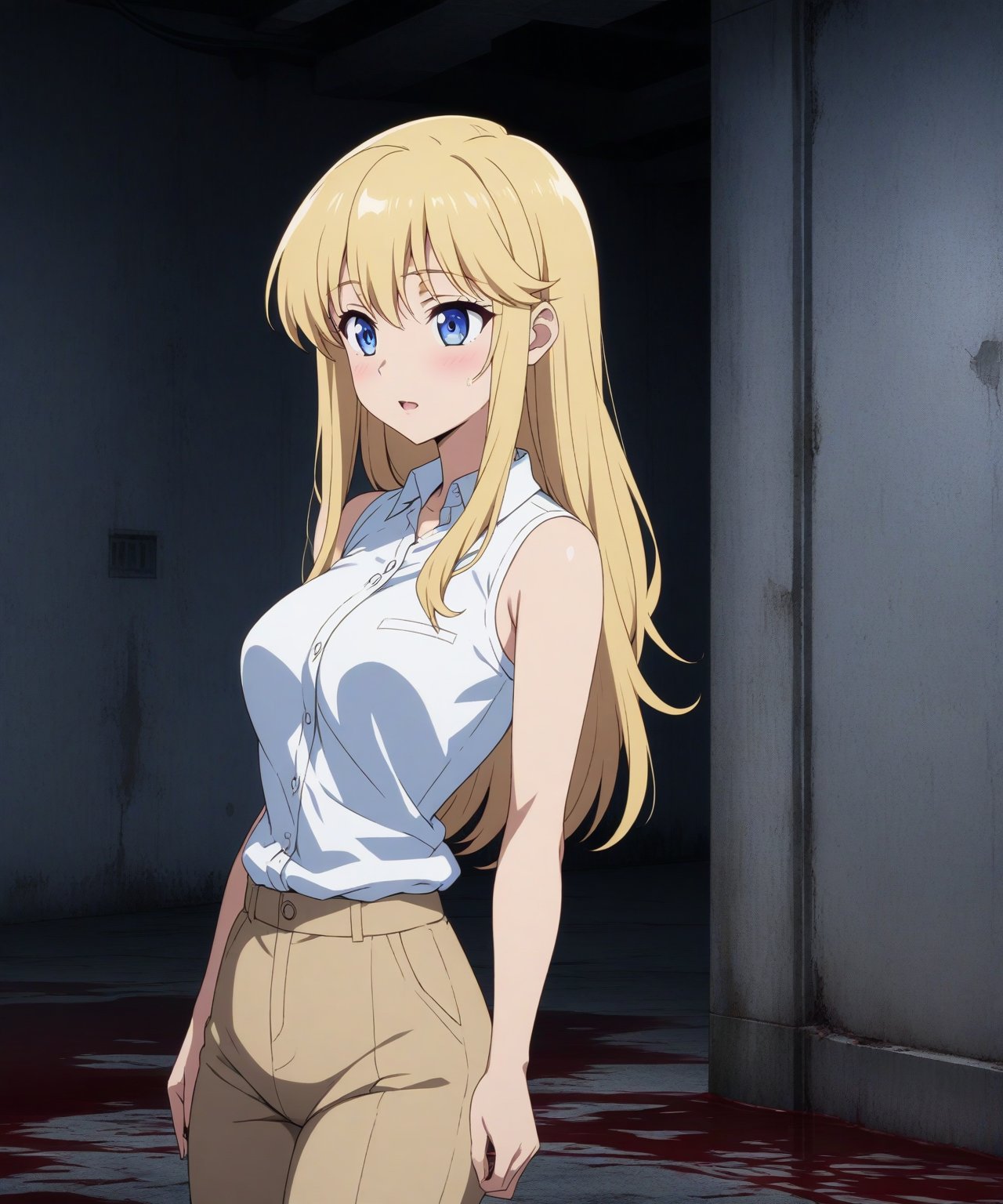 beautiful sexy blonde anime girl with long blonde hair & blue eyes, wearing white sleeveless button up collared shirt & beige khaki pants, inside of a abandoned parking garage walls covered blood at night time, 1girl