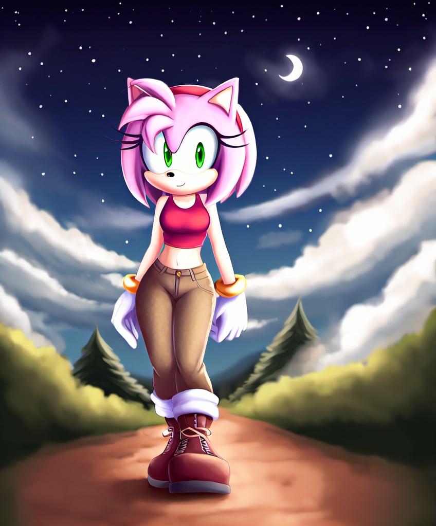 amy rose, sonic the hedgehog \(series\), red headband, short hair, forest, night, clouds, boots, gloves, black sleevless crop top, khaki pants, solo, 1girl