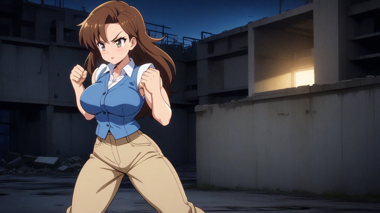  beautiful sexy anime girl with long brown hair & a muscular body, clenching her fists, fight idle pose, wearing white sleeveless button up collared shirt with a blue vest over it & beige khaki pants, in a abandoned urban construction site at night time, 1girl