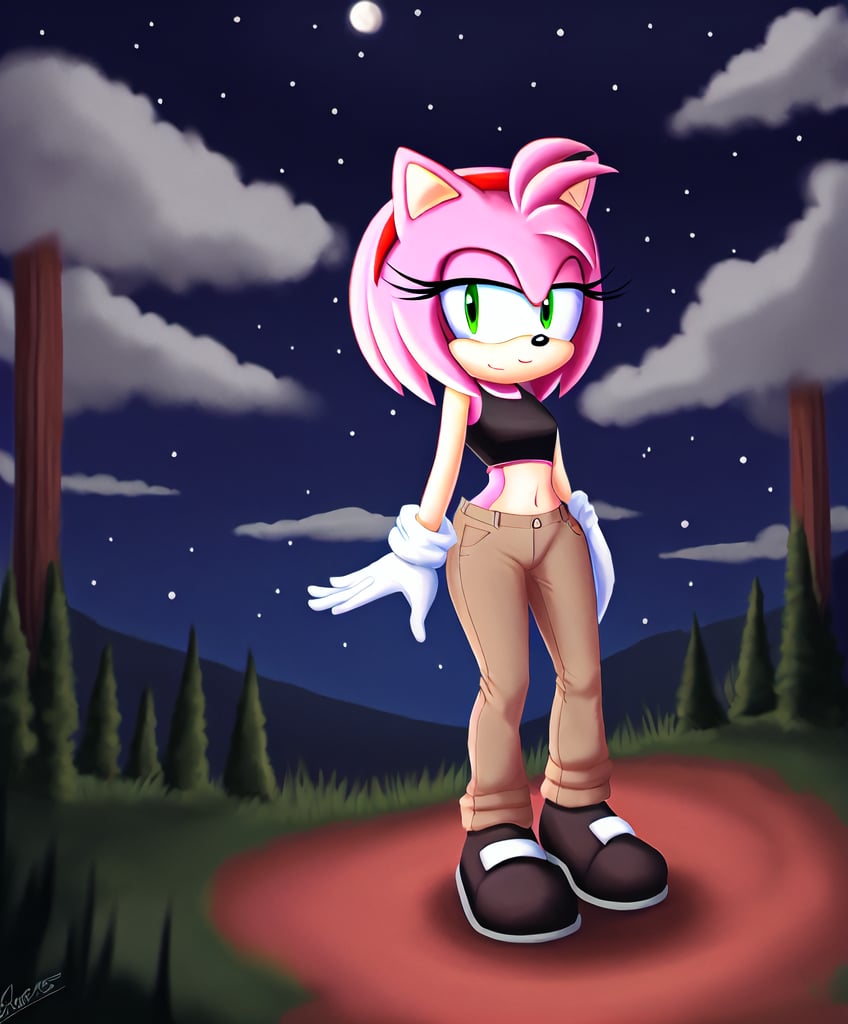 amy rose, sonic the hedgehog \(series\), red headband, short hair, forest, night, clouds, black shoes, gloves, black sleevless crop top, khaki pants, solo, 1girl