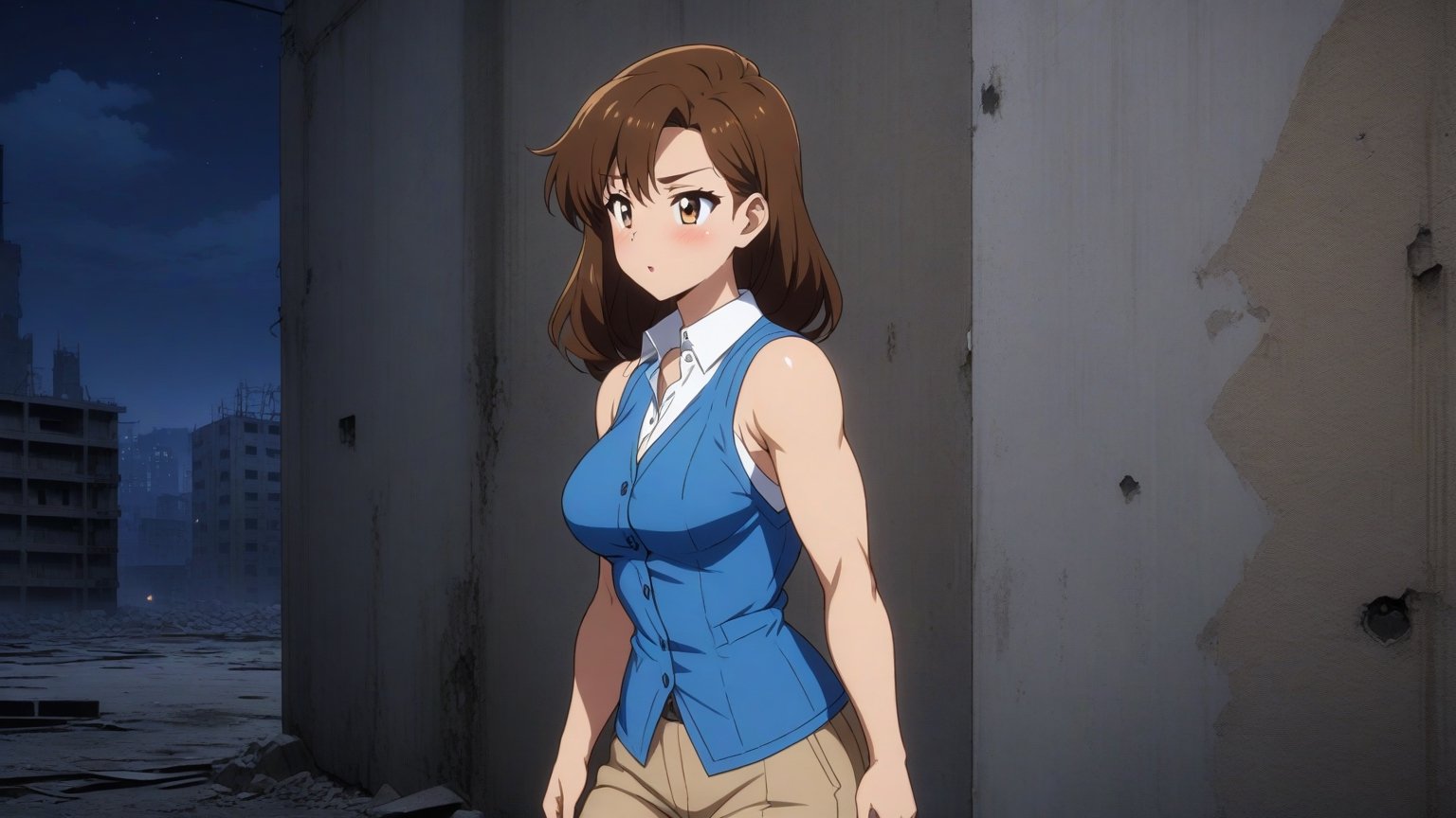 beautiful sexy anime girl with long brown hair & a muscular body, wearing white sleeveless button up collared shirt with a blue vest over it & beige khaki pants, in a abandoned urban construction site at night time, 1girl