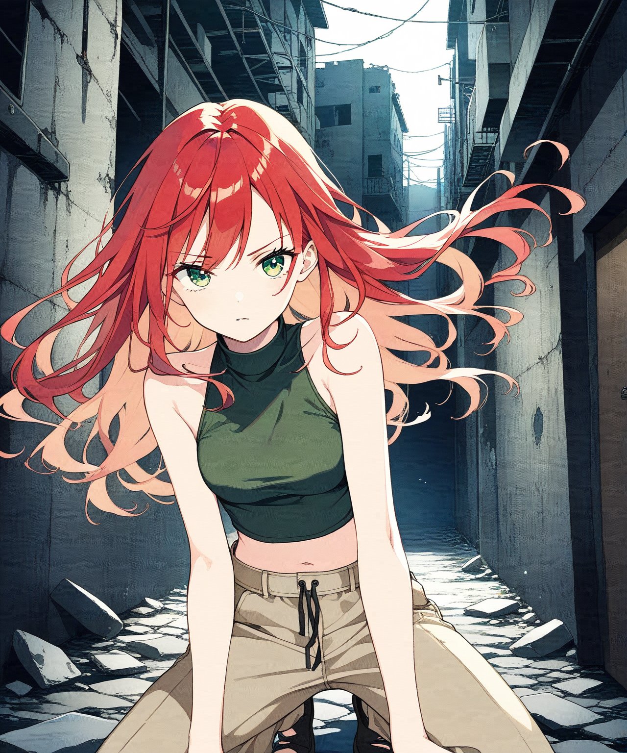 sexy redhead teenage anime girl with long red hair and green eyes, serious facial expression, wearing a dark green sleeveless crop top & beige khaki pants, in a abandoned urban dark alley in a dark night sky, 1girl