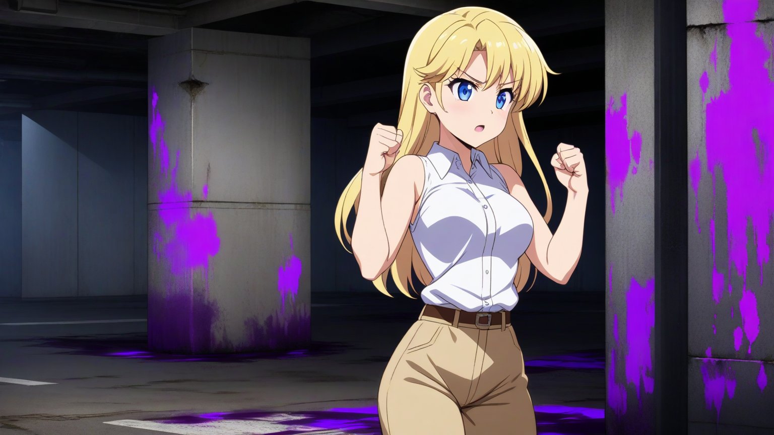 beautiful sexy blonde anime girl with long blonde hair & blue eyes, clenching her fists, fight idle pose, wearing white sleeveless button up collared shirt & beige khaki pants, covered in purple blood, abandoned parking garage covered in purple blood at night time, 1girl