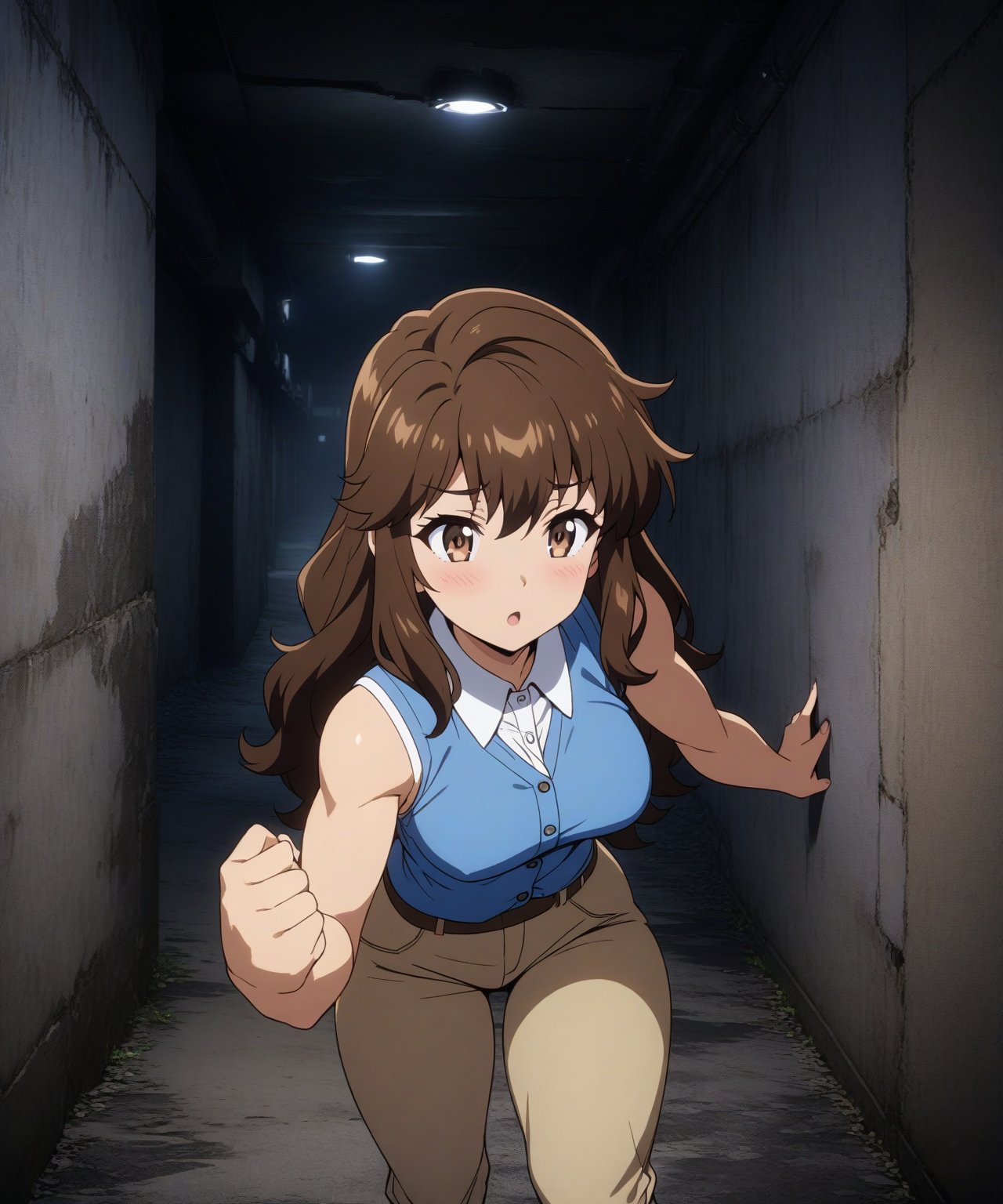 beautiful sexy anime girl with long brown hair & a muscular body, wearing white sleeveless button up collared shirt with a blue vest over it & beige khaki pants, in a abandoned urban dark alley in a dark night sky, 1girl