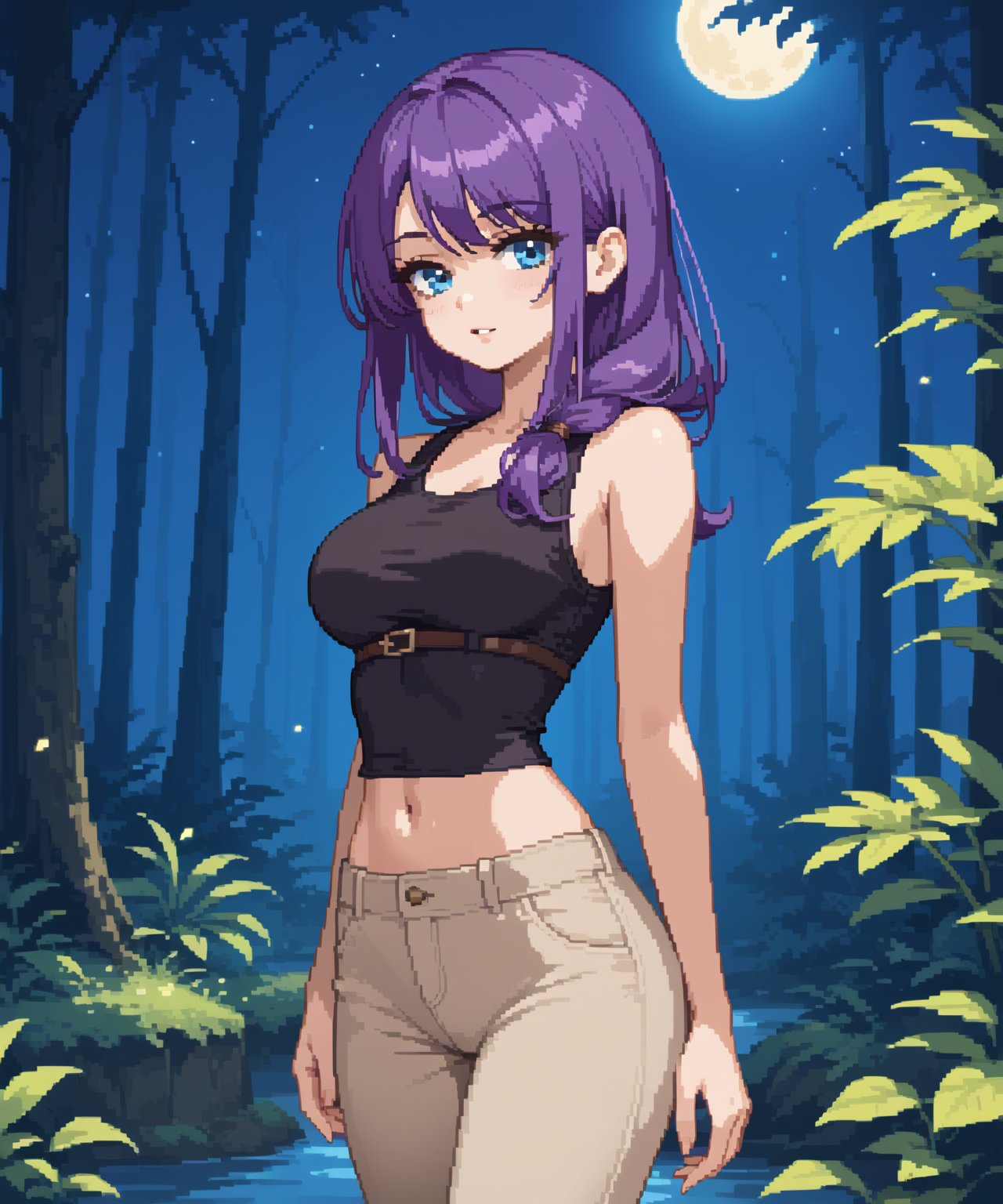 beautiful sexy anime girl with long purple hair & blue eyes, wearing black sleeveless crop top & beige khaki pants, in a enchanted forest in a dark night sky, 1girl