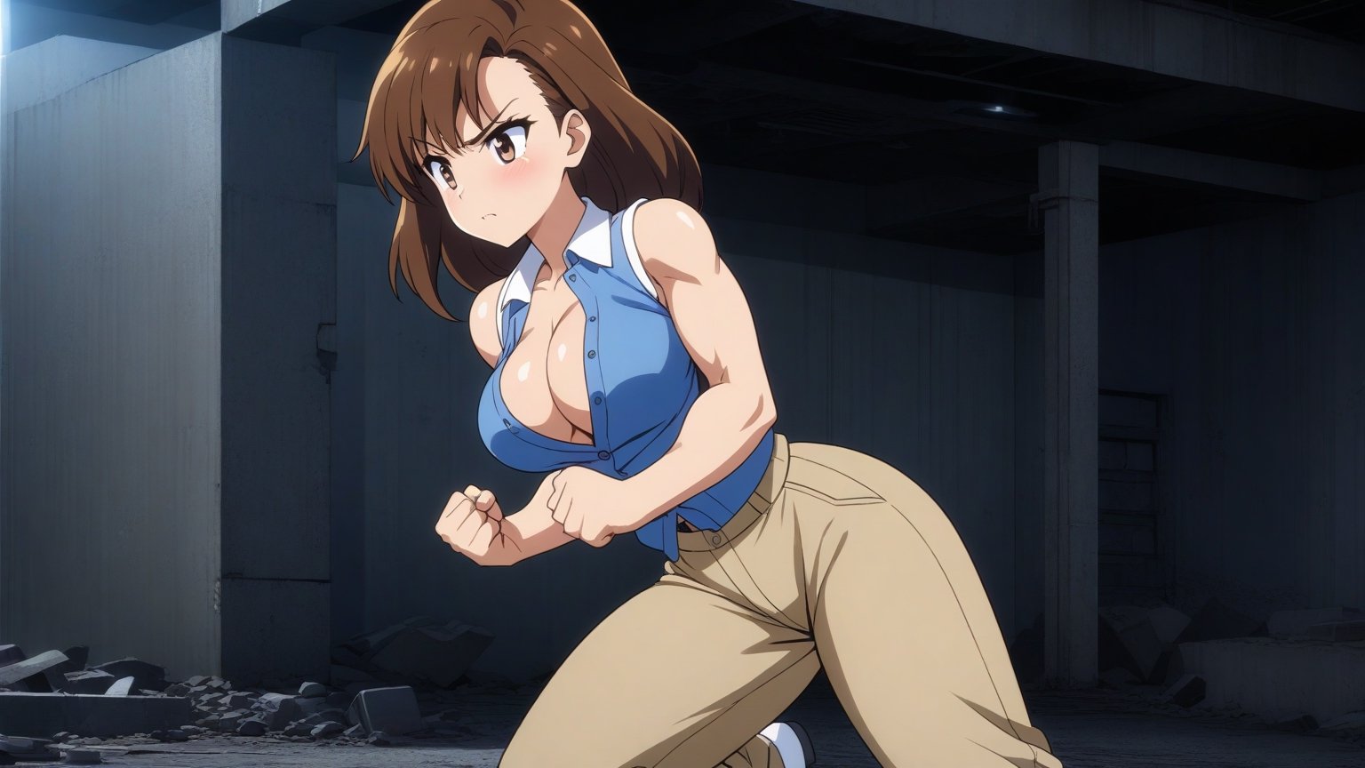  beautiful sexy anime girl with long brown hair & a muscular body, clenching her fists, fight idle pose, wearing white sleeveless button up collared shirt with a blue vest over it & beige khaki pants, in a abandoned urban construction site at night time, 1girl