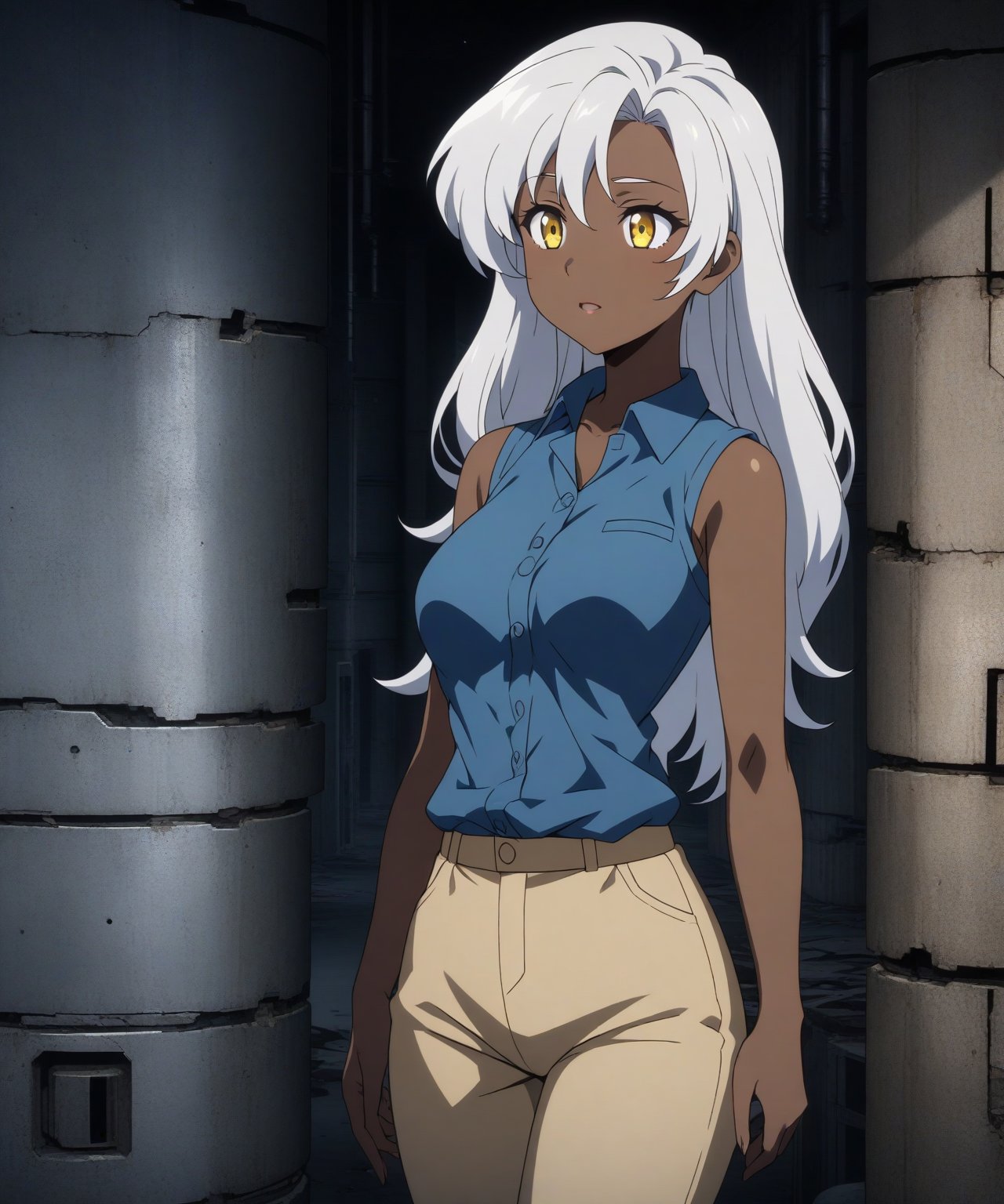 Brown skin beautiful sexy anime girl with long silver hair & yellow eyes, wearing blue sleeveless button up collared shirt & beige khaki pants, inside of a abandoned biomechanical prison in a dark night sky, 1girl, dystopian