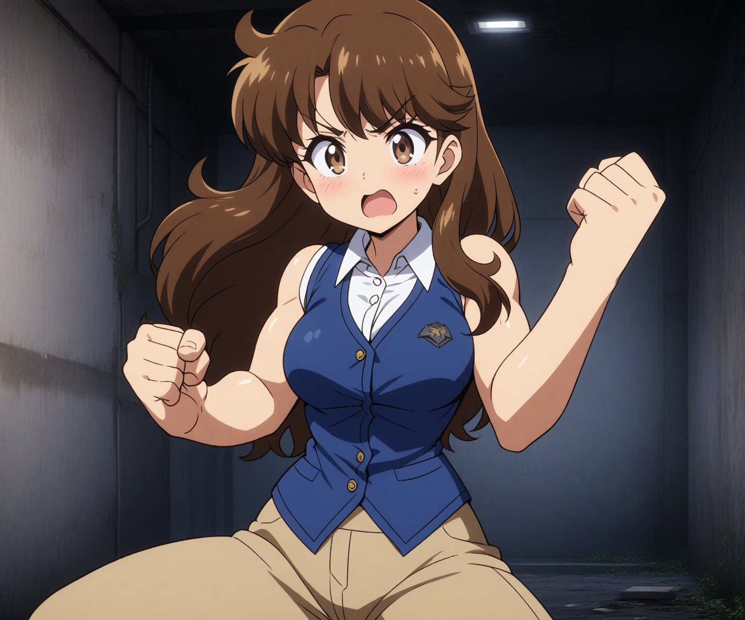 beautiful sexy anime girl with long brown hair & a muscular body, clenching her fists, fight idle pose, wearing white sleeveless button up collared shirt with a blue vest over it & beige khaki pants, in a abandoned urban dark alley in a dark night sky, 1girl
