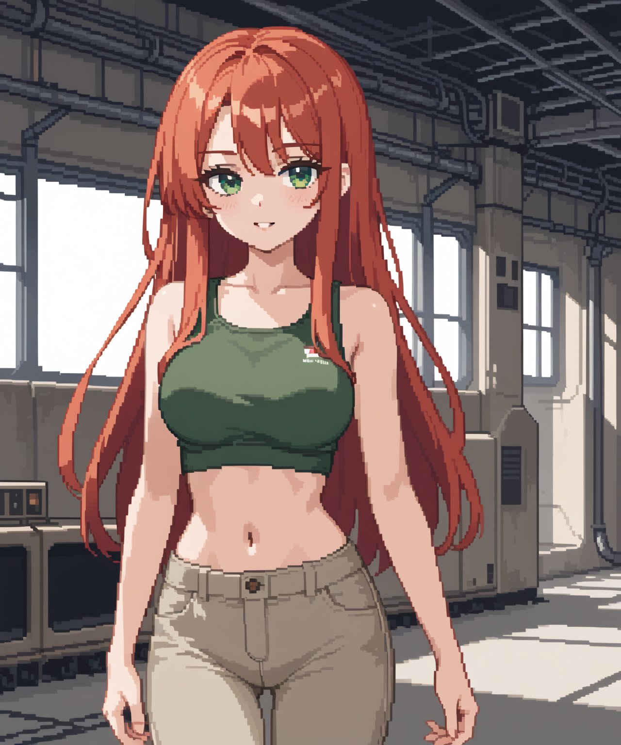 sexy redhead teenage anime girl with long red hair & green eyes, wearing a dark green sleeveless crop top & beige khaki pants, inside of a abandoned urban factory in a dark night sky, 1girl