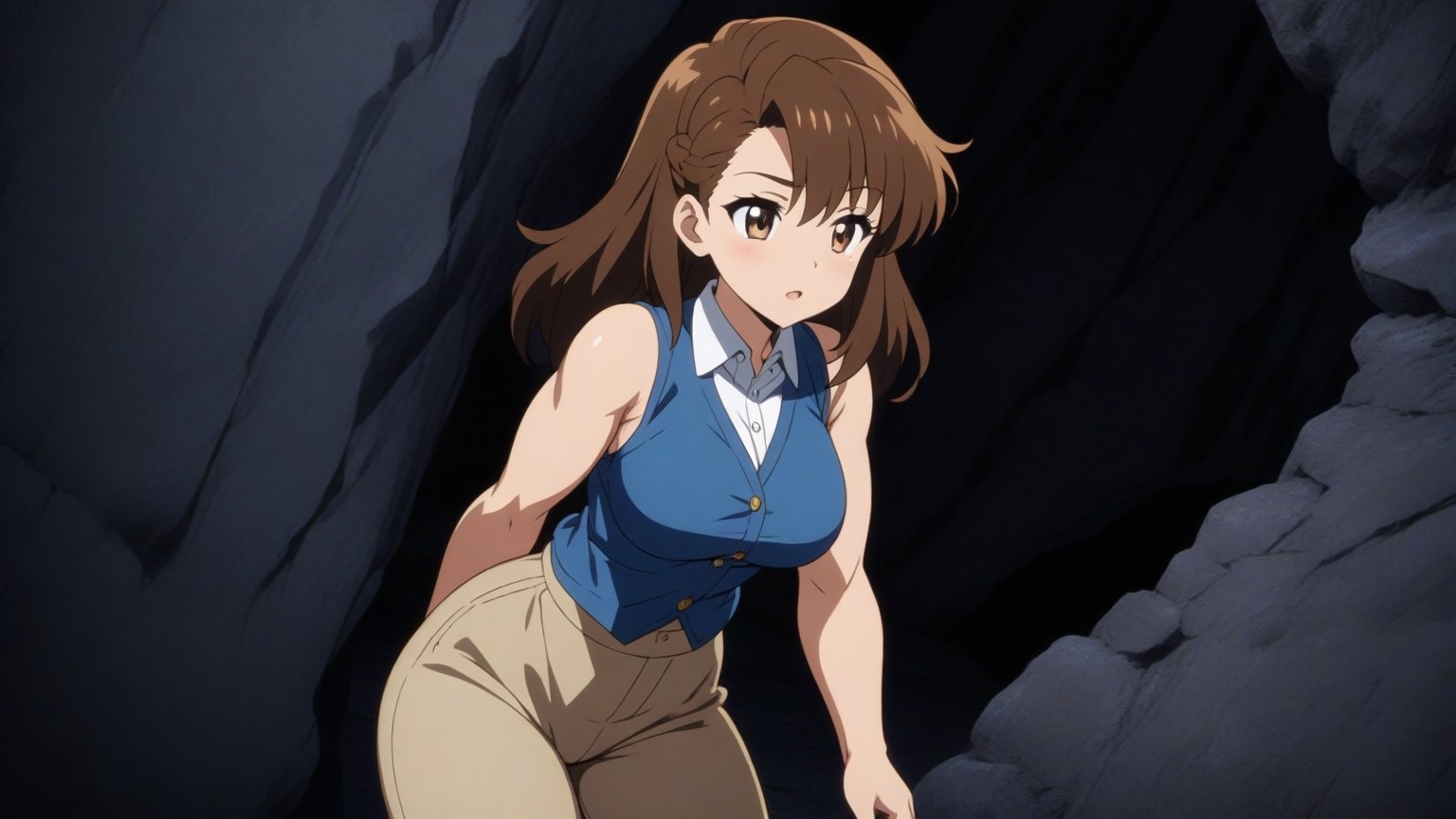 beautiful sexy anime girl with long brown hair & a muscular body, wearing white sleeveless button up collared shirt with a blue vest over it & beige khaki pants, inside of a dark cave in a dark night sky, 1girl