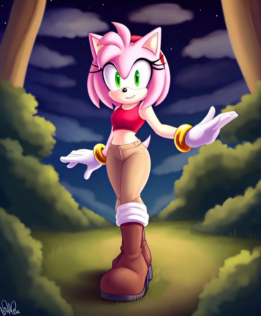 amy rose, sonic the hedgehog \(series\), red headband, short hair, forest, night, clouds, boots, gloves, black sleevless crop top, khaki pants, solo, 1girl