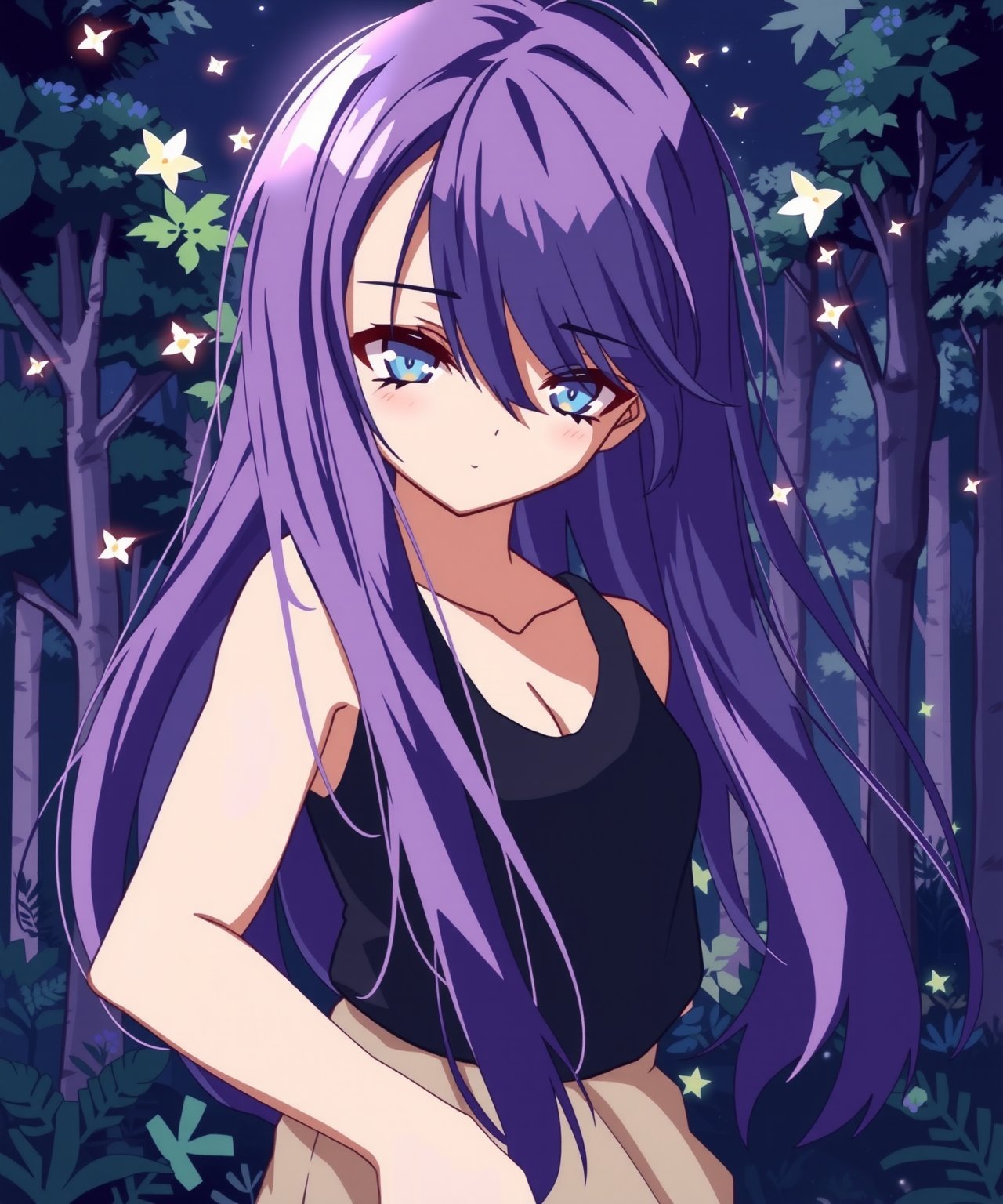 beautiful sexy anime girl with long purple hair & blue eyes, wearing black sleeveless crop top & beige khaki pants, in a enchanted forest in a dark night sky, 1girl