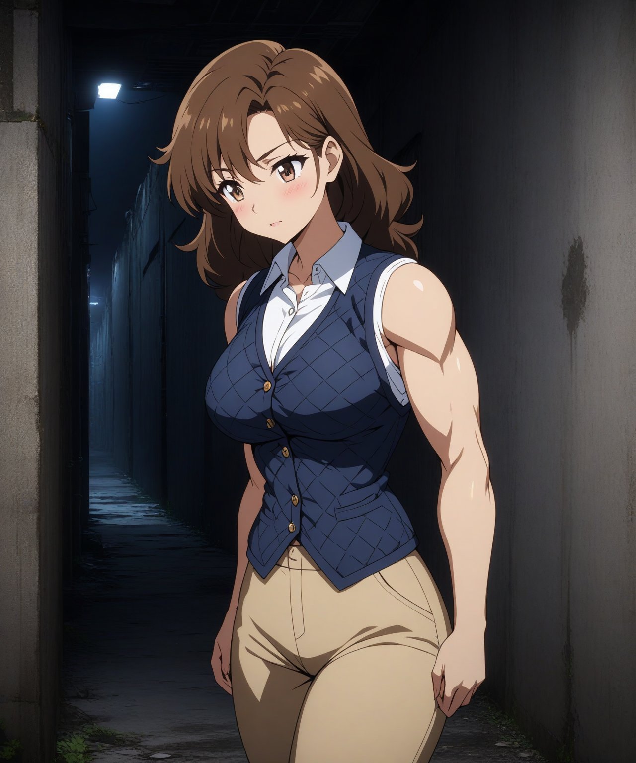 beautiful sexy anime girl with long brown hair & having a muscular body, wearing white sleeveless button up collared shirt with a blue quilted vest over it & beige khaki pants, in a abandoned urban dark alley in a dark night sky, 1girl