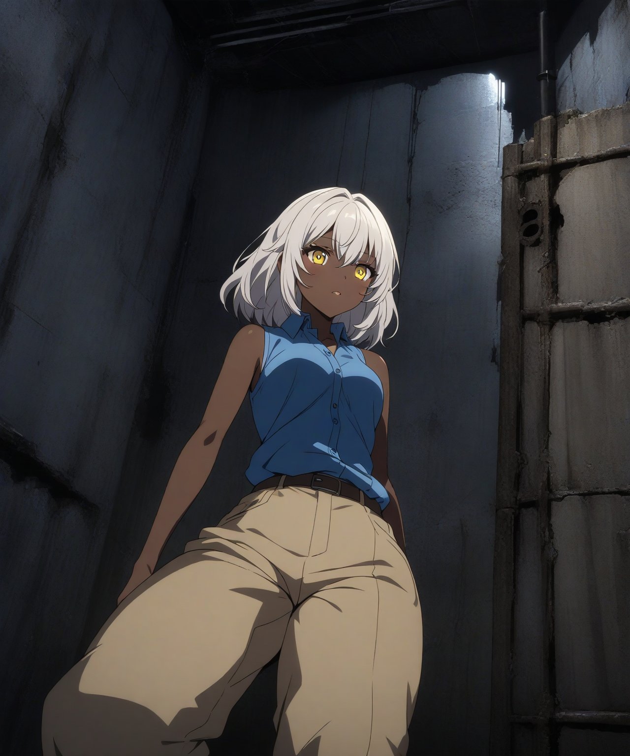 Brown skin beautiful sexy anime girl with long silver hair & yellow eyes, wearing blue sleeveless button up collared shirt & beige khaki pants, inside of a abandoned biomechanical prison in a dark night sky, 1girl, dystopian