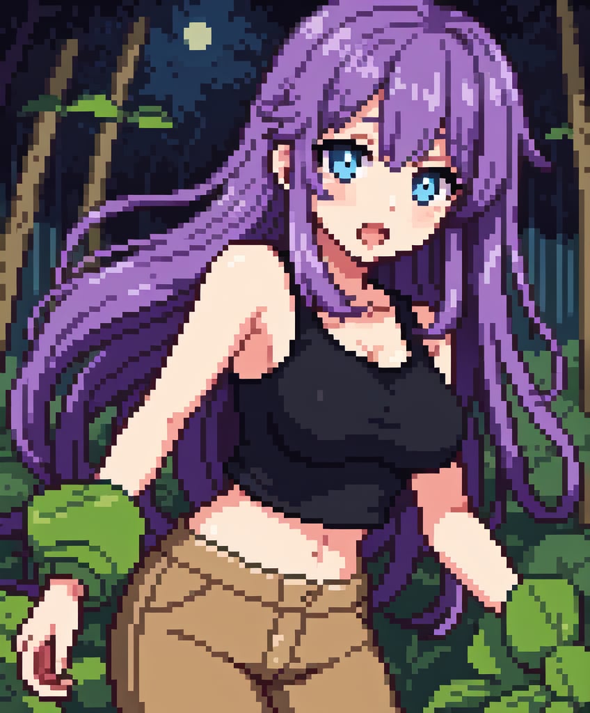 beautiful sexy anime girl with long purple hair & blue eyes, wearing black sleeveless crop top & beige khaki pants, in a enchanted forest in a dark night sky, 1girl