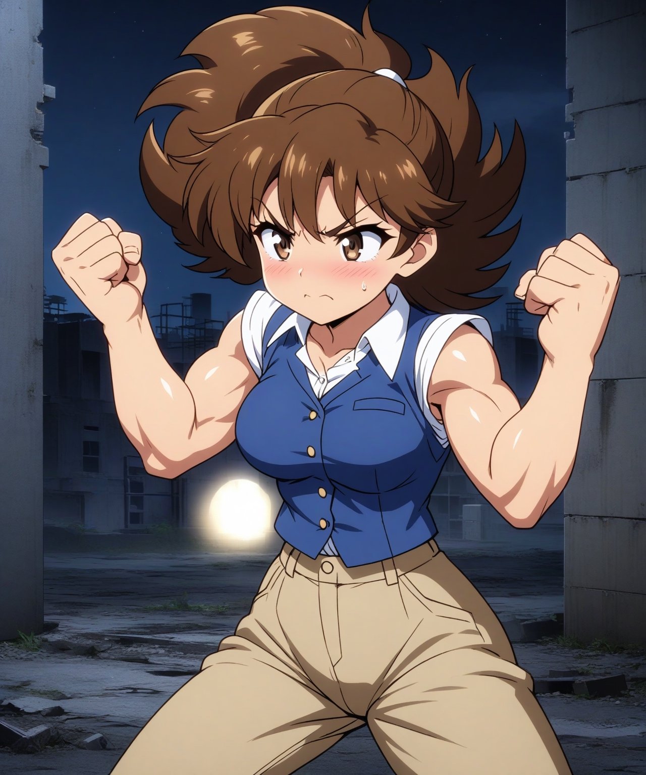  beautiful sexy anime girl with long brown hair & a muscular body, clenching her fists, fight idle pose, wearing white sleeveless button up collared shirt with a blue vest over it & beige khaki pants, in a abandoned urban construction site at night time, 1girl