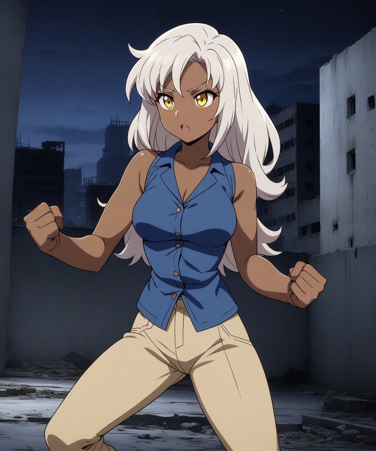 Brown skin beautiful sexy anime girl with long silver hair & yellow eyes, clenching her fists, fight idle pose, wearing blue sleeveless button up collared shirt & beige khaki pants, in a abandoned urban construction site in a dark night sky, 1girl