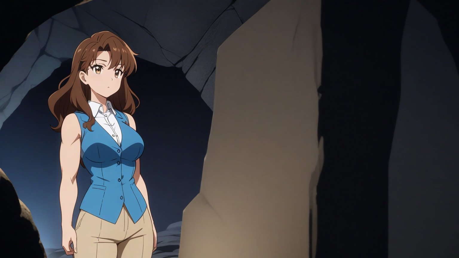 beautiful sexy anime girl with long brown hair & a muscular body, wearing white sleeveless button up collared shirt with a blue vest over it & beige khaki pants, inside of a dark cave in a dark night sky, 1girl