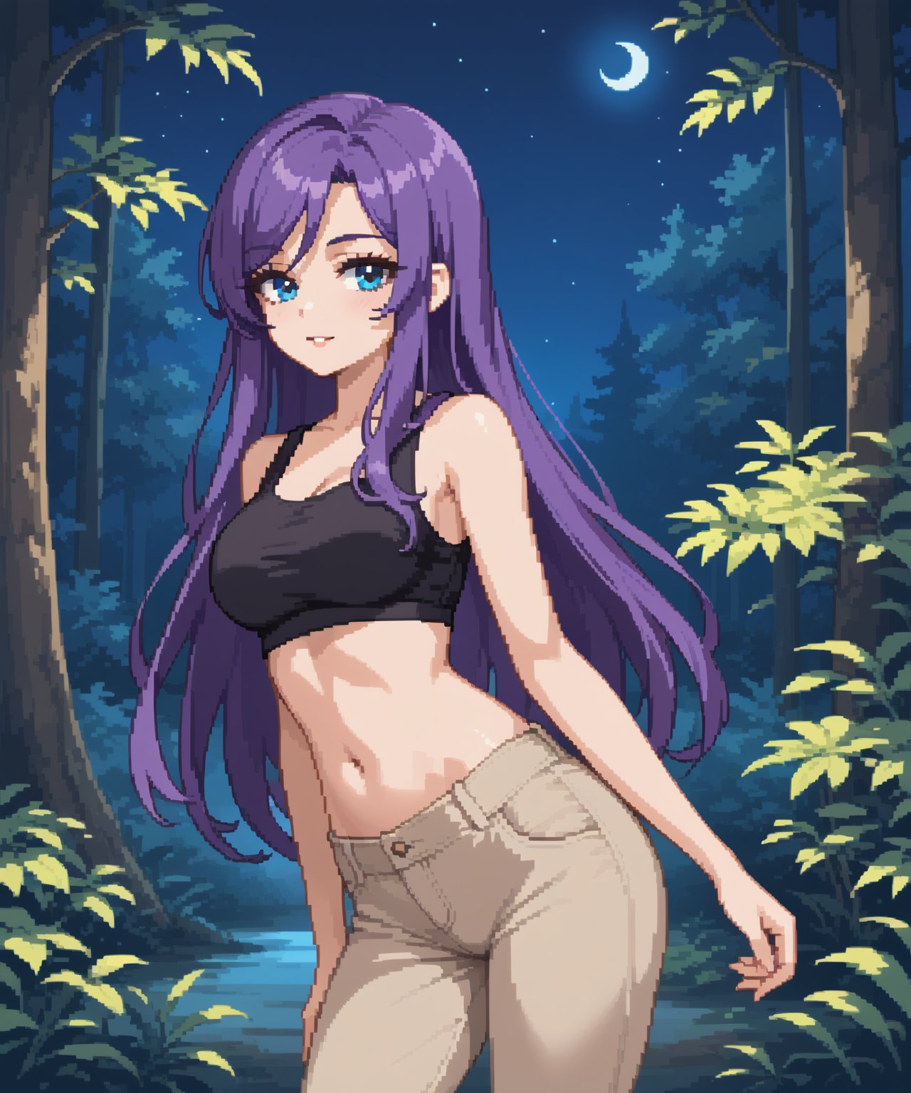 beautiful sexy anime girl with long purple hair & blue eyes, wearing black sleeveless crop top & beige khaki pants, in a enchanted forest in a dark night sky, 1girl