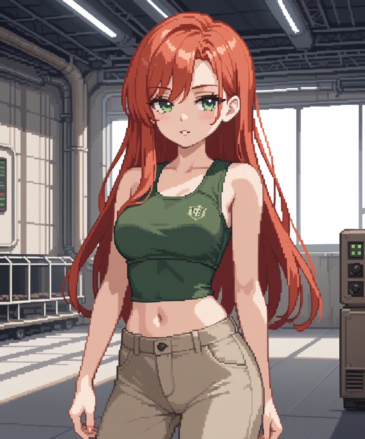 sexy redhead teenage anime girl with long red hair & green eyes, wearing a dark green sleeveless crop top & beige khaki pants, inside of a abandoned urban factory in a dark night sky, 1girl