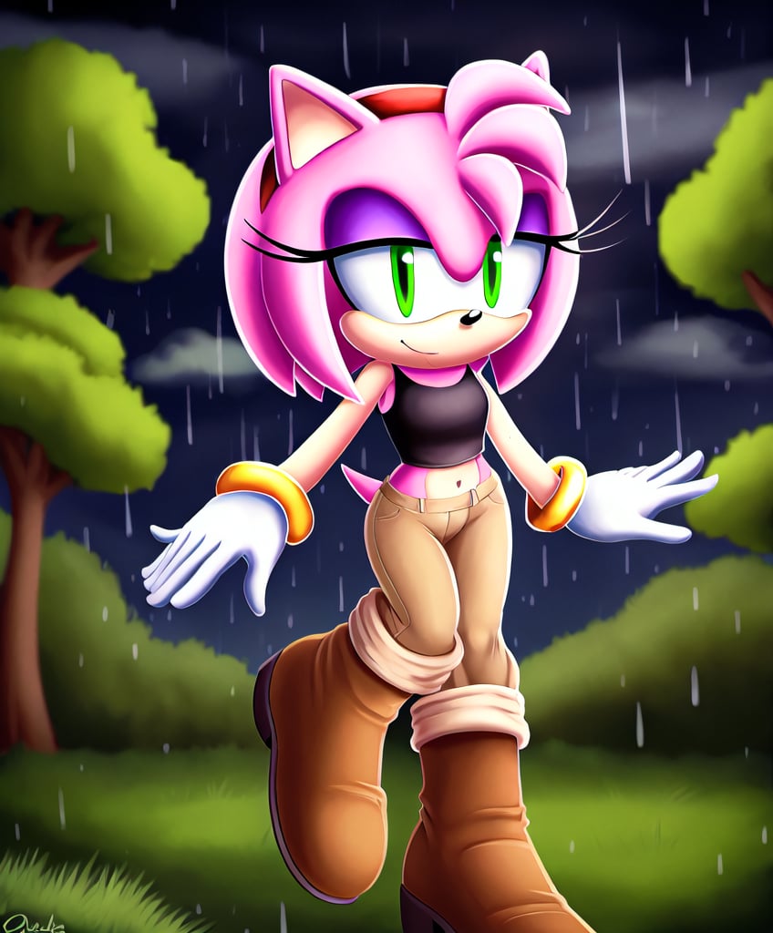 amy rose, sonic the hedgehog \(series\), red headband, short hair, forest, night, clouds, rain, boots, gloves, black sleevless crop top, khaki pants     