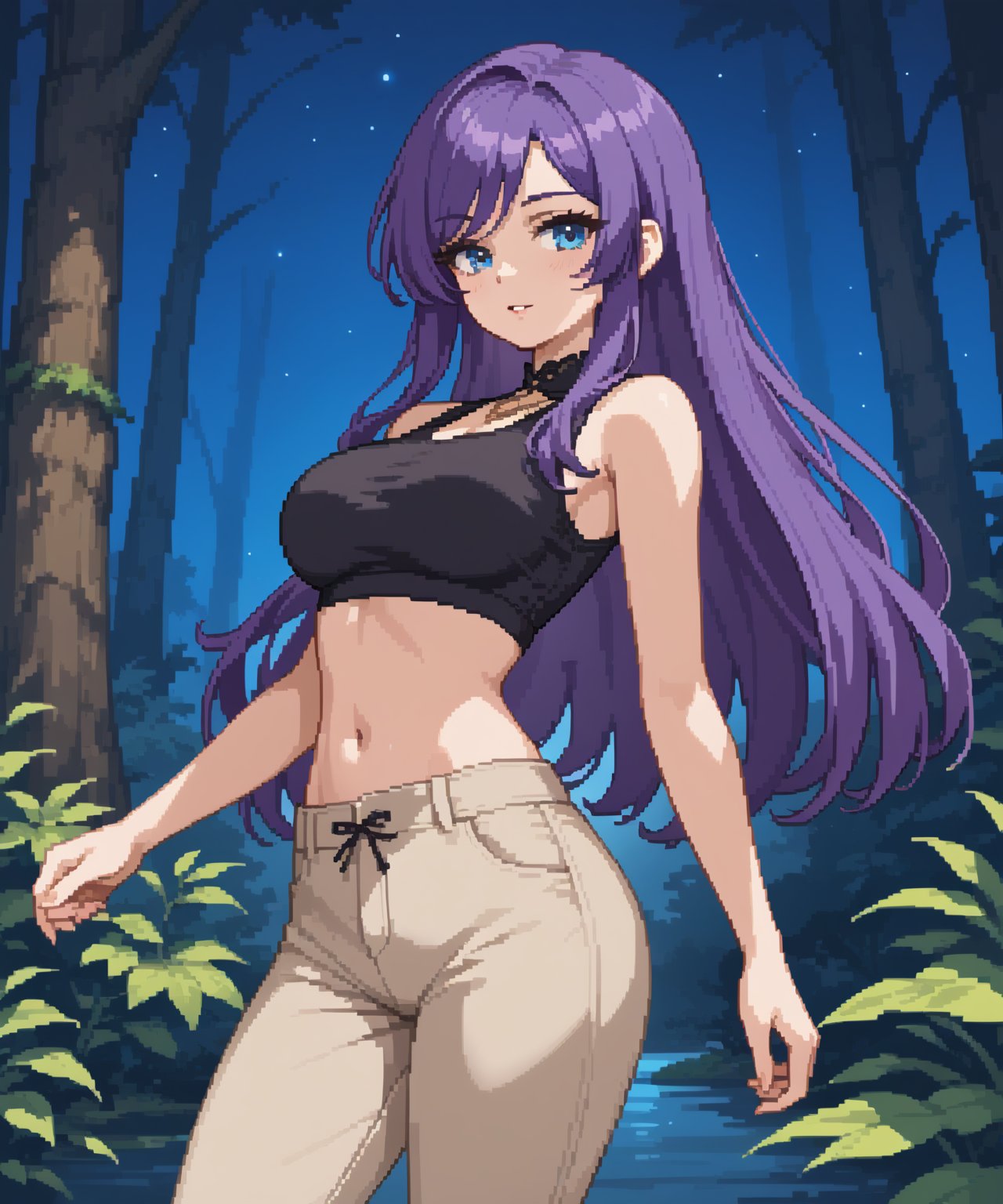 beautiful sexy anime girl with long purple hair & blue eyes, wearing black sleeveless crop top & beige khaki pants, in a enchanted forest in a dark night sky, 1girl