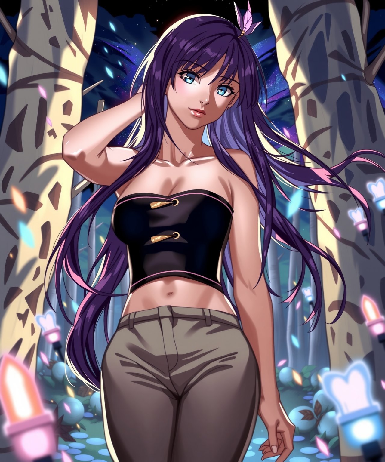 beautiful sexy anime girl with long purple hair & blue eyes, wearing black sleeveless crop top & beige khaki pants, in a enchanted forest in a dark night sky, 1girl