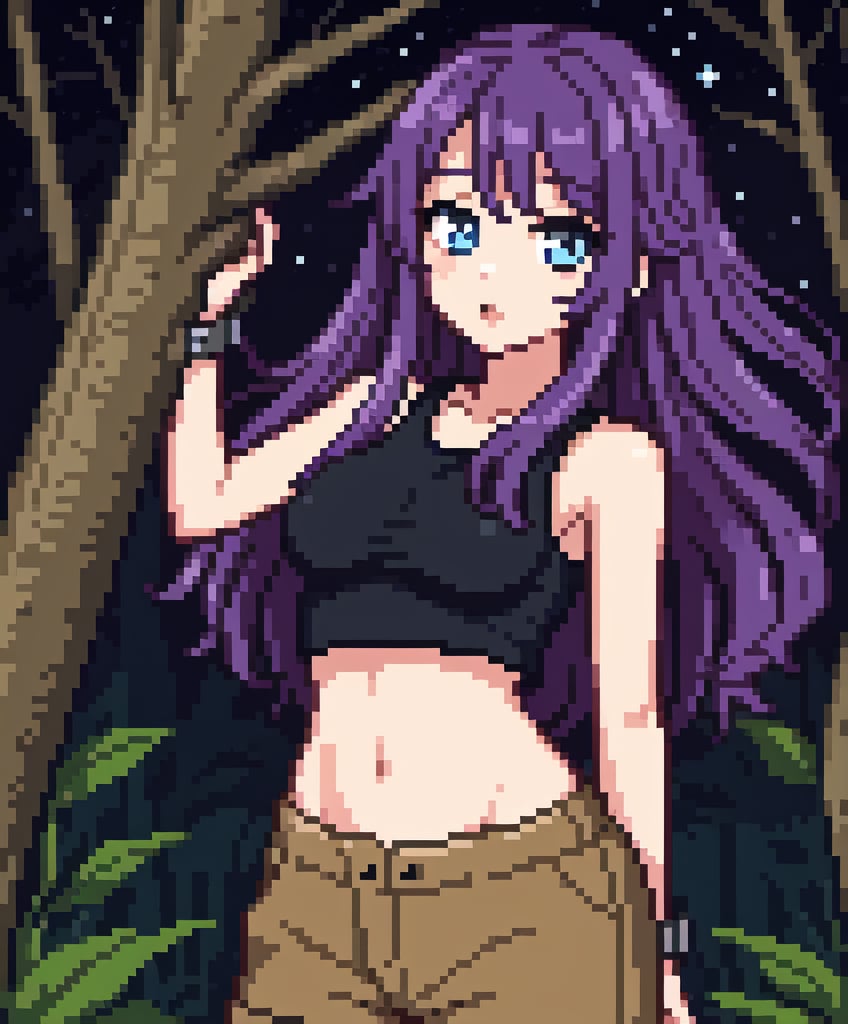 beautiful sexy anime girl with long purple hair & blue eyes, wearing black sleeveless crop top & beige khaki pants, in a enchanted forest in a dark night sky, 1girl