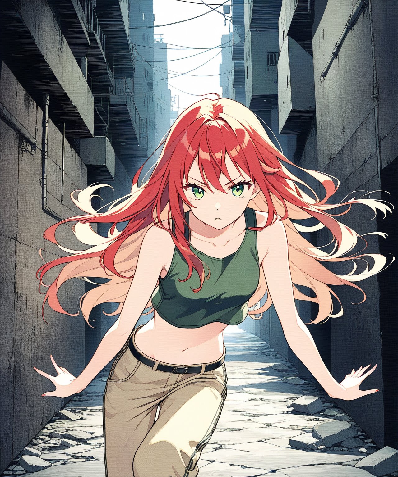 sexy redhead teenage anime girl with long red hair and green eyes, serious facial expression, wearing a dark green sleeveless crop top & beige khaki pants, in a abandoned urban dark alley in a dark night sky, 1girl