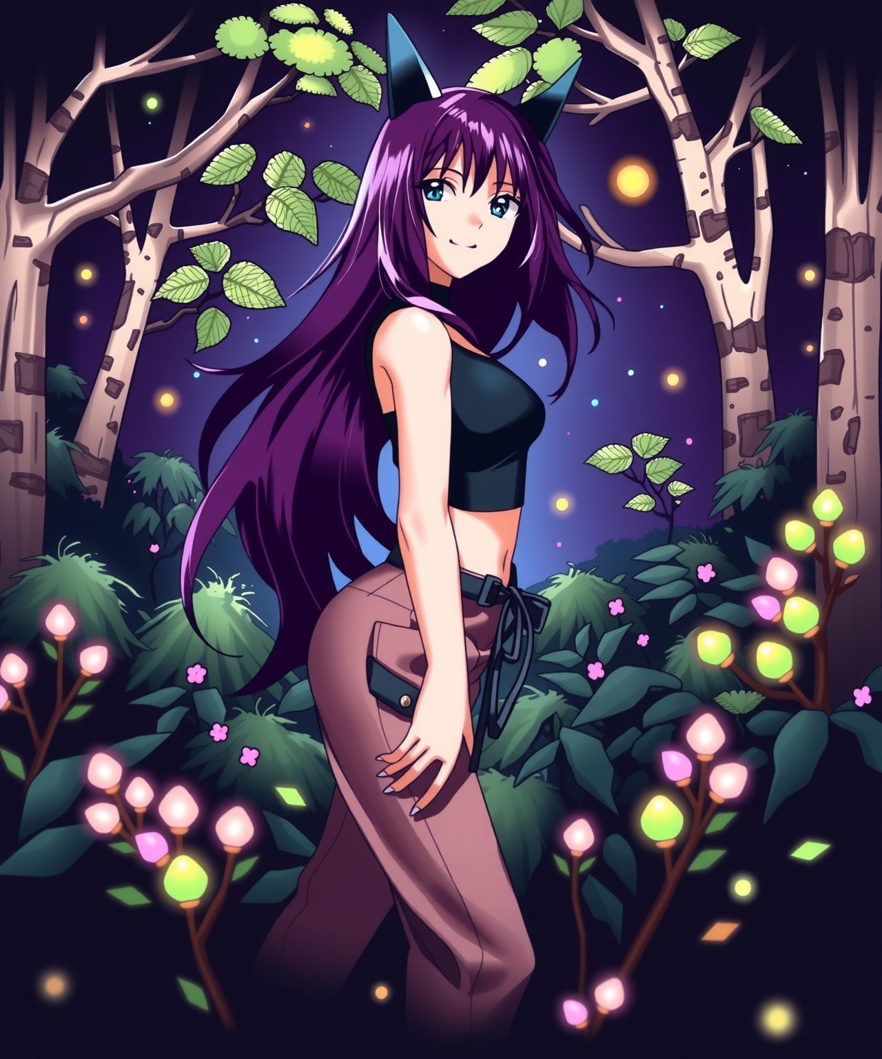 beautiful sexy anime girl with long purple hair & blue eyes, wearing black sleeveless crop top & beige khaki pants, in a enchanted forest in a dark night sky, 1girl