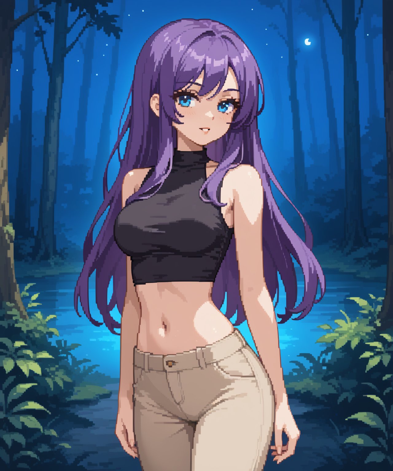 beautiful sexy anime girl with long purple hair & blue eyes, wearing black sleeveless crop top & beige khaki pants, in a enchanted forest in a dark night sky, 1girl