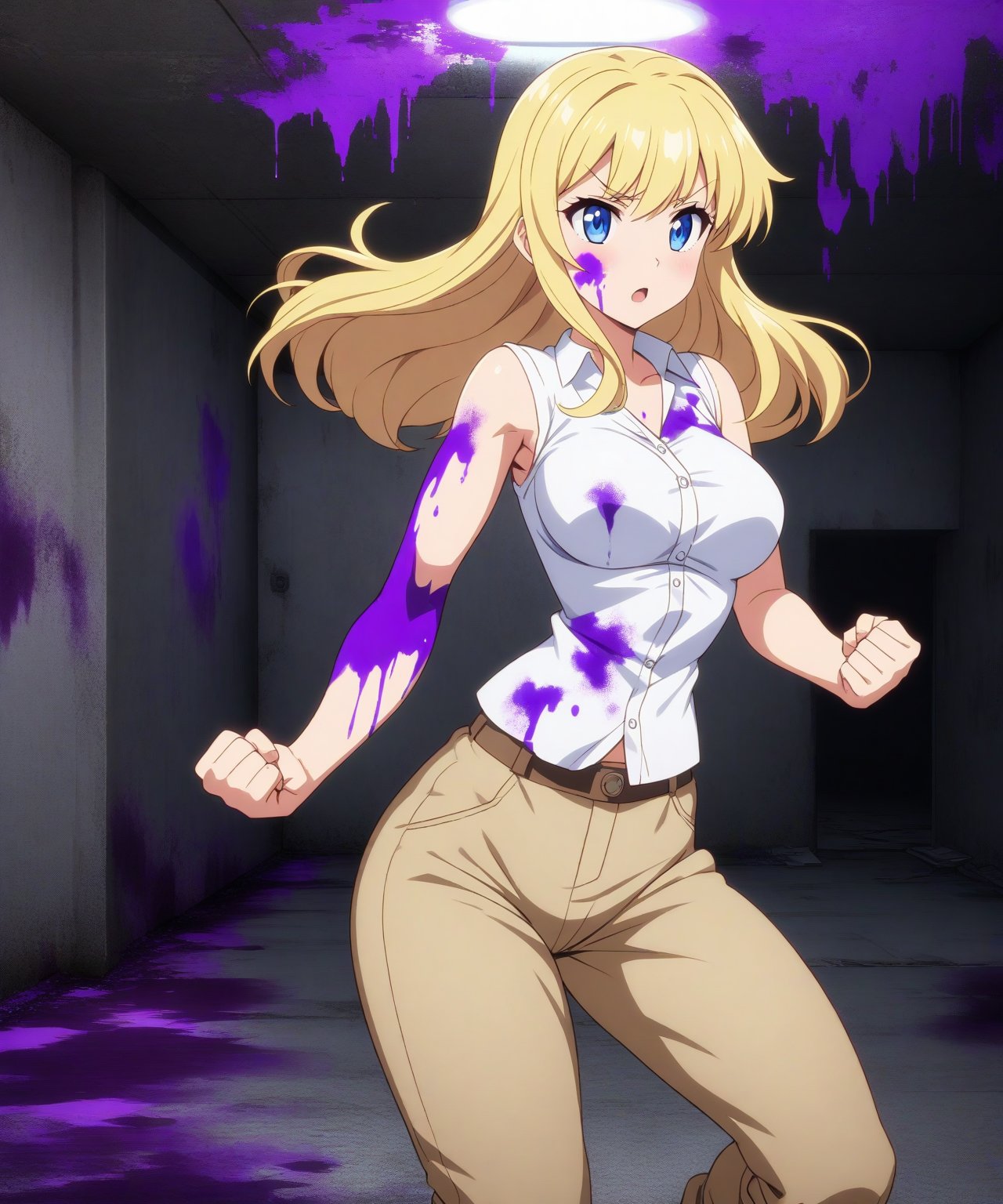 beautiful sexy blonde anime girl with long blonde hair & blue eyes, clenching her fists, fight idle pose, wearing white sleeveless button up collared shirt & beige khaki pants, covered in purple blood, abandoned parking garage covered in purple blood at night time, 1girl