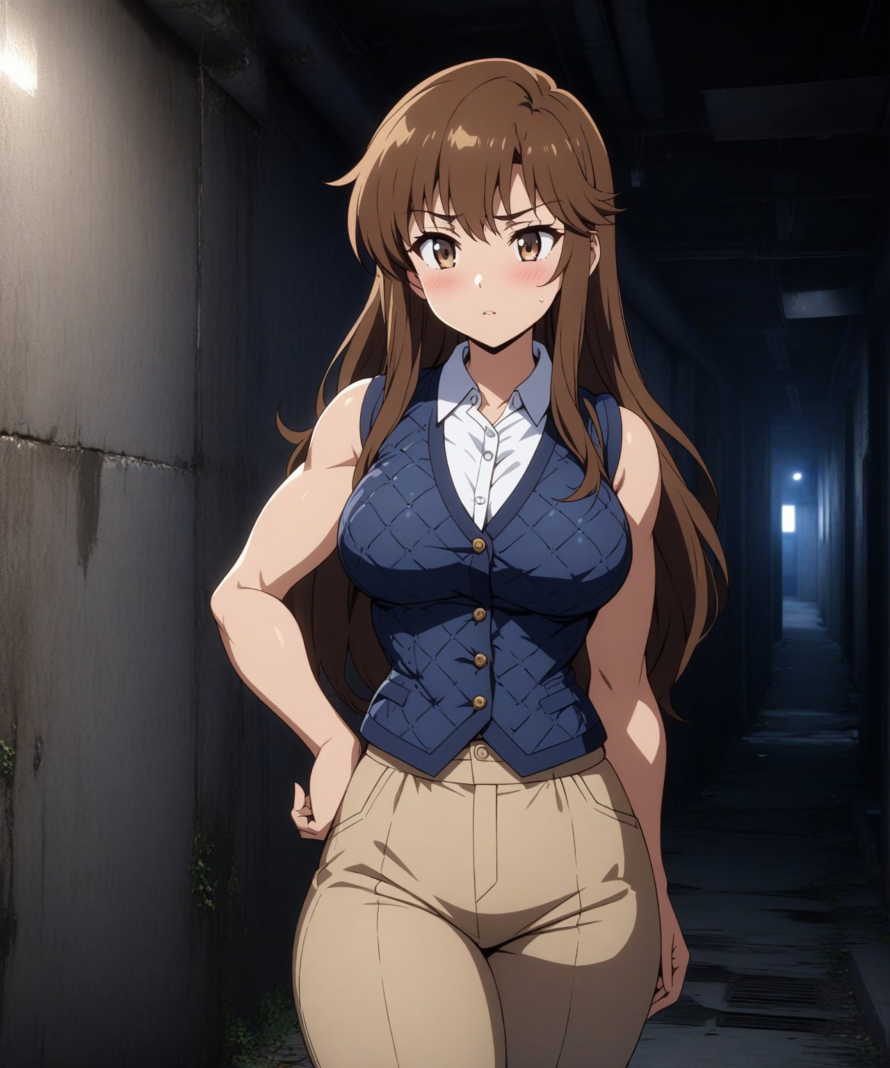 beautiful sexy anime girl with long brown hair & having a muscular body, wearing white sleeveless button up collared shirt with a blue quilted vest over it & beige khaki pants, in a abandoned urban dark alley in a dark night sky, 1girl