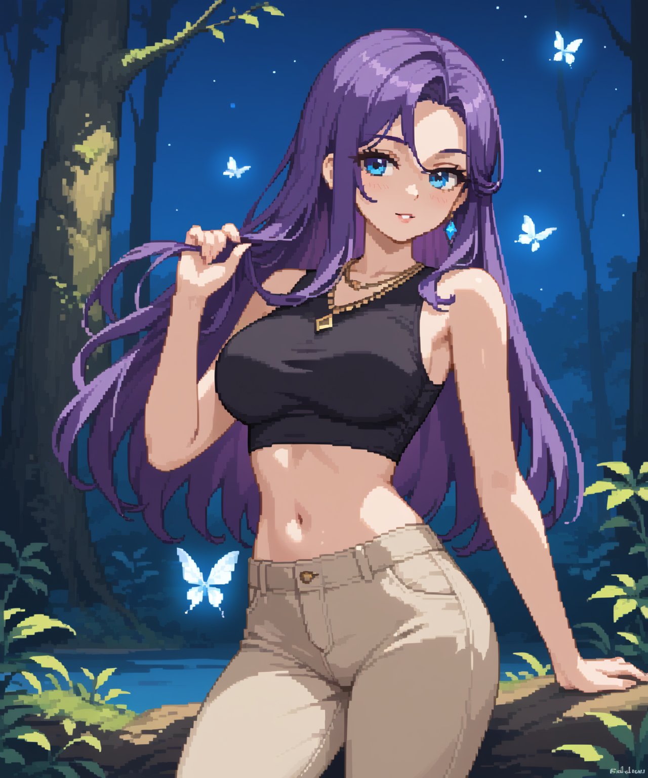 beautiful sexy anime girl with long purple hair & blue eyes, wearing black sleeveless crop top & beige khaki pants, in a enchanted forest in a dark night sky, 1girl