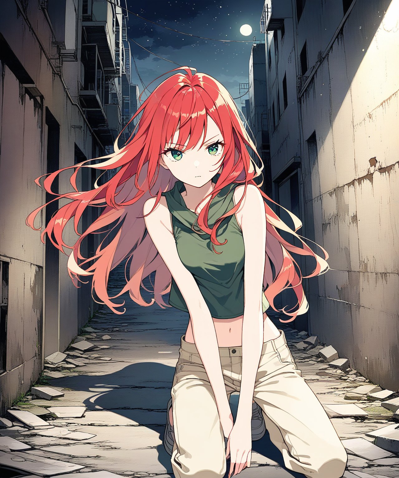 sexy redhead teenage anime girl with long red hair and green eyes, serious facial expression, wearing a dark green sleeveless crop top & beige khaki pants, in a abandoned urban dark alley in a dark night sky, 1girl