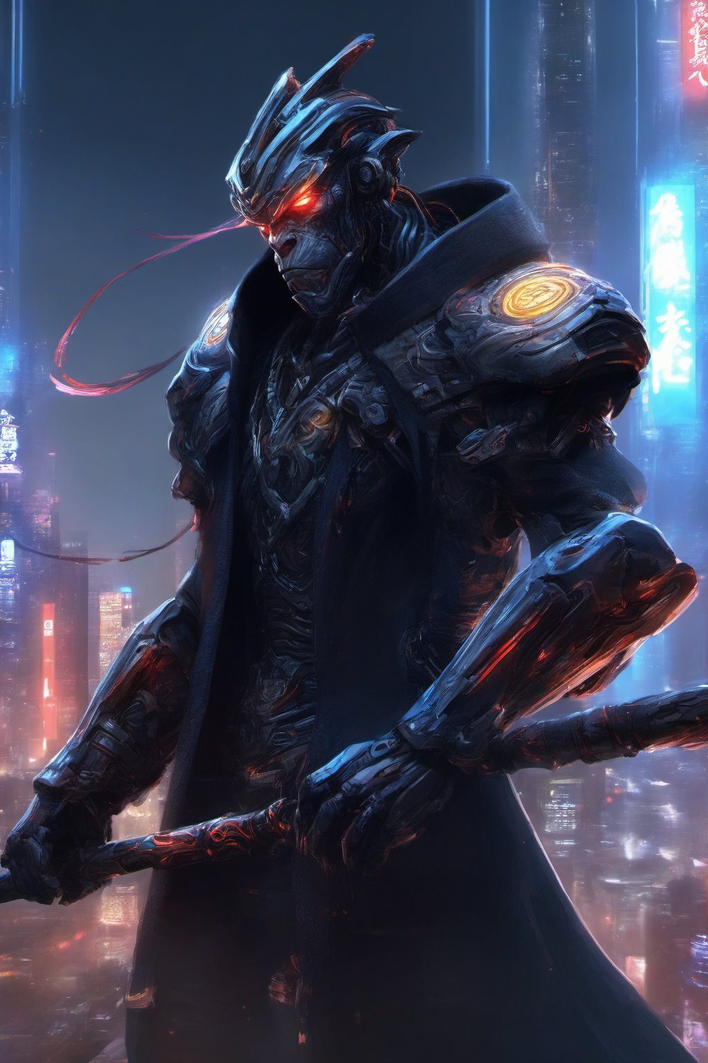 Monkey king Lunar Staff cyborg Power Nightcity Cyber Black Hood Mecha Evil robot,background,night city ,background,night city