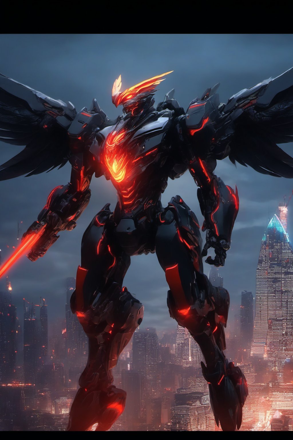 Mecha Cyborg 2Wing Garuda Fire Bird Cyber Black Hood Mecha Evil robot,background,night city