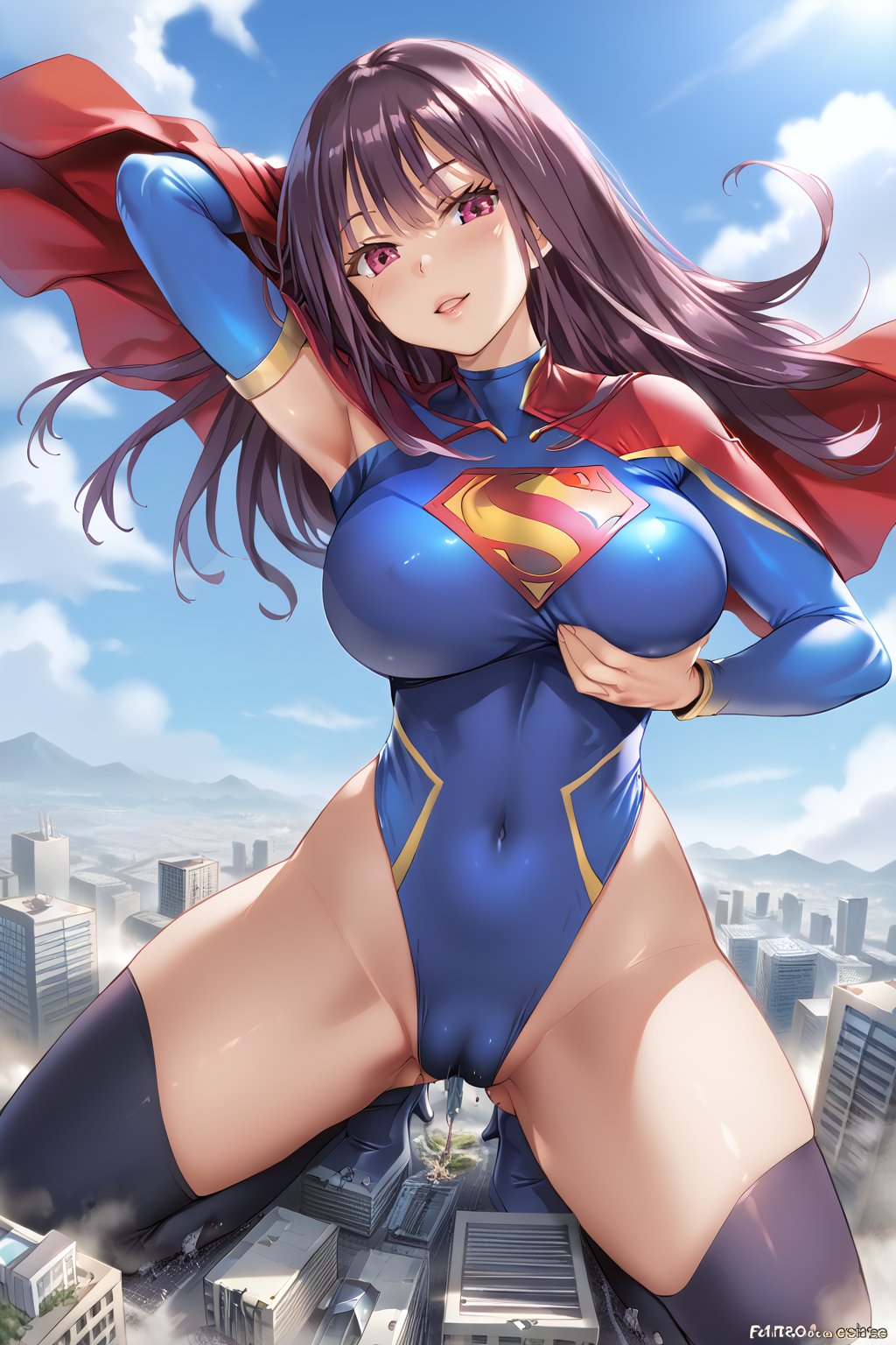 giantess, Destroy the city, Female masturbation, Trampling the city, the ground is full of ruins, a thousand times the female giant, giantess, mini city, SuperGirl, Supergirl's Tight-fitting uniform, Long purple hair, supergirl, giga size, supergirl, giantess, purple conjoined stockings, Purple spire heels, Treading on mini cities, Red cloak, Ultra long purple stocking,Giant chests,Female masturbation,Destroy the city,giantess,supergirl bodysuit