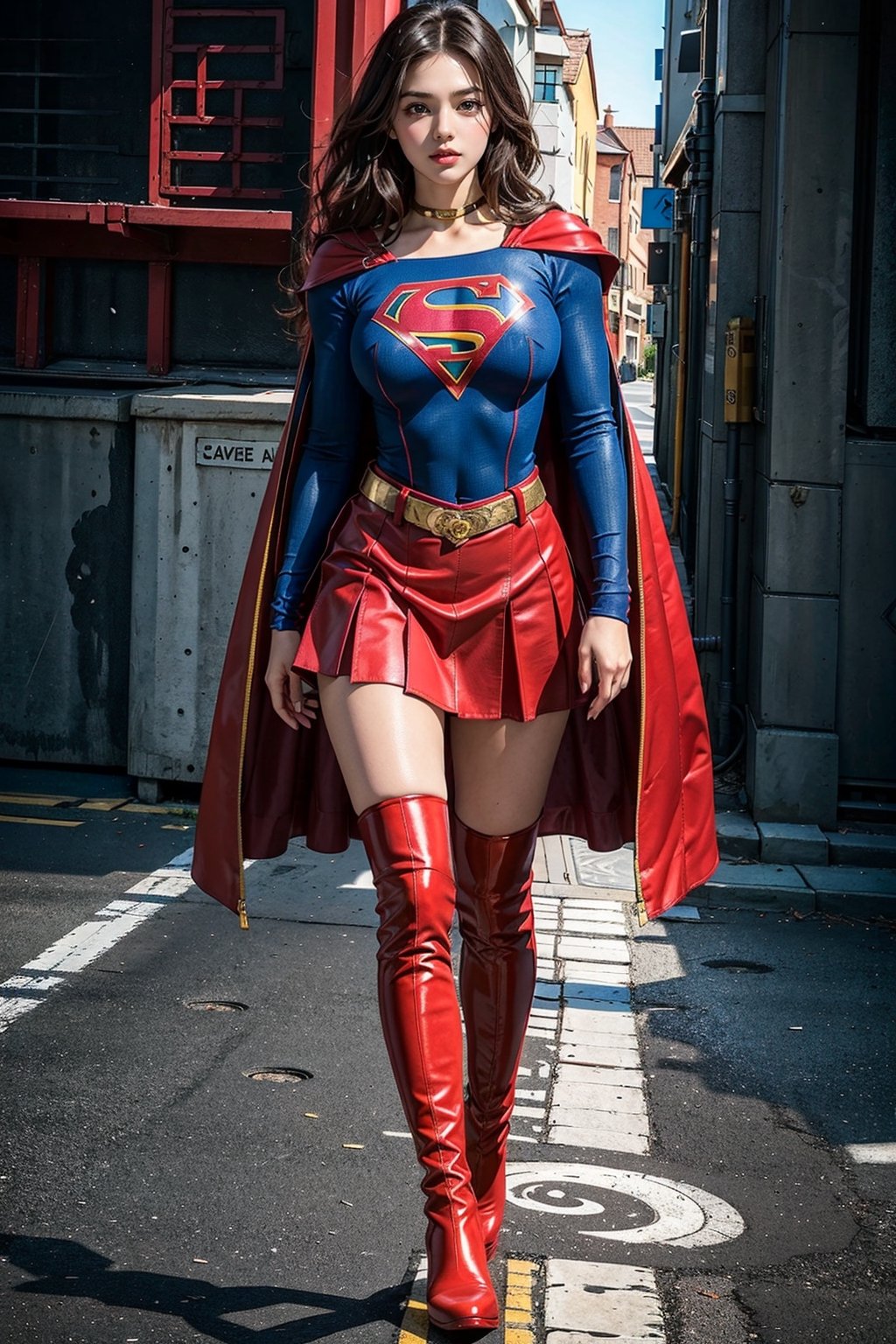 1girl, long black hair,supergirl,wearing Supergirl's blue tight uniform,perfect,red Boots higher than knees,Red miniskirt,Red long cape,full body,Bright colors,Bright red Boots, red miniskirt,Huge chest,Boots over the knee,Clothes are tied to skirts,Red miniskirt,Female model posen,Red over-the-knee pointed high-heeled boots,full body,running in the middle of the road,full body,tall girl,long boots,Red long cape,Boots longer than legs,Chinese supergirl,18years old,Don't show belly,Extremely long tip boots,red skirt,full body,supergirl's tight suit,Don't show knees,Knees wrapped in boots,strong girl,Pointy high-heeled boots,thin high heels,Uniforms and skirts are connectedUniforms and skirts are connected,Don't show your stomach,red skirt,full body,Extra long red boots,Golden Supergirl Belt,One-piece tight uniform
,Show the outline of the muscles,Red miniskirt and long cape,Boots must be over the knee,Integrated coats,Golden Supergirl Belt,Red miniskirt,Full of muscles,Tall and strong,Sexy,Full of muscle beauty,red dress,The skirt must be red.