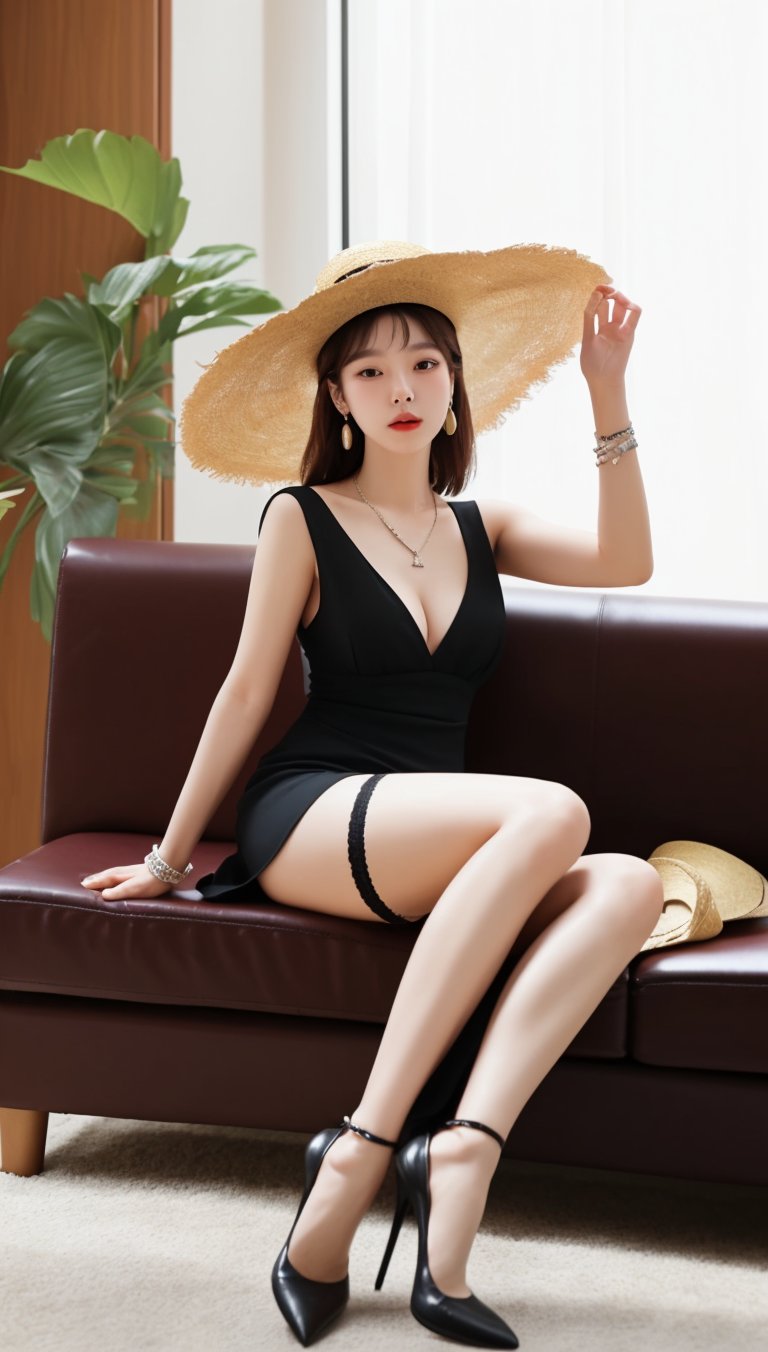 A Korean woman wearing a dress, stockings and high heels was sitting on the sofa, drinking red wine, revealing her underwear, wearing earrings, a necklace and a straw hat.