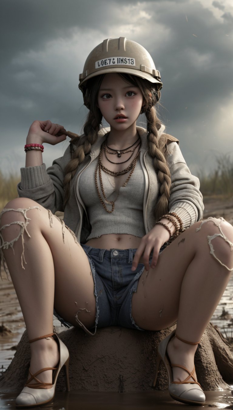 A Korean girl wearing a construction hat, hair bundle, necklace, sweater, underwear, windbreaker, bracelet and high heels is rolling in the mud. There is a heavy thunderstorm in the sky!