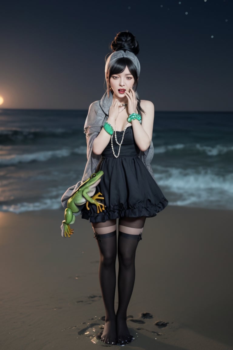 A Korean woman wearing a bun, shawl, necklace, ring, jade bracelet, stockings, rain boots and a black dress around her neck was holding a green frog on the beach at night and crying bitterly!