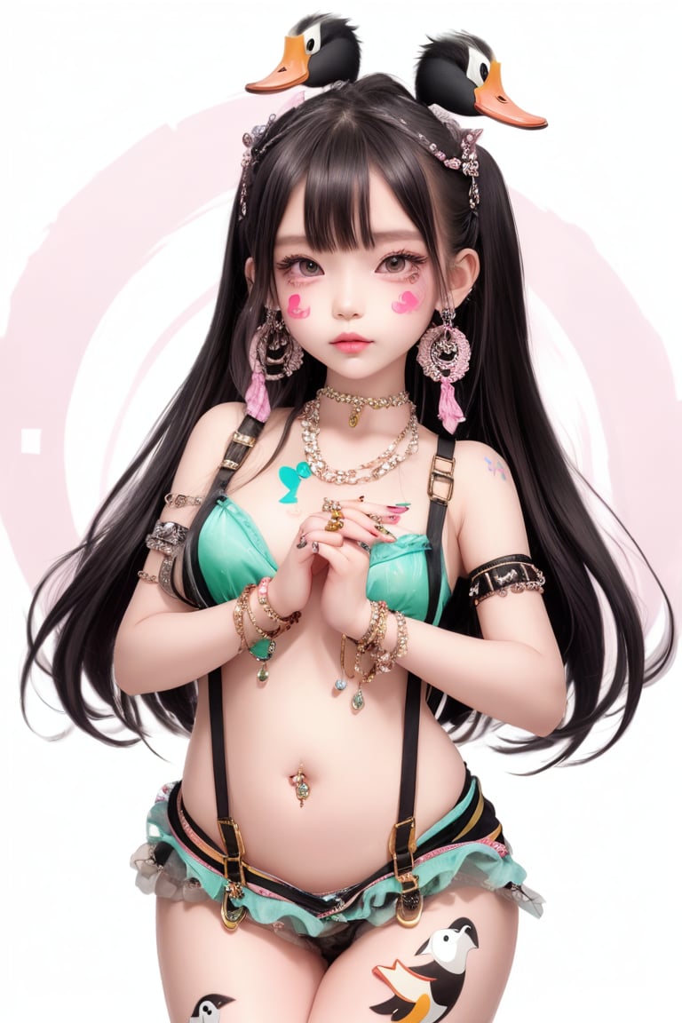 A Korean girl wearing cool clothes, jewelry, necklaces, rings, anklets, earrings, suspenders, body, face and nail paint, holding a duck in her hands!