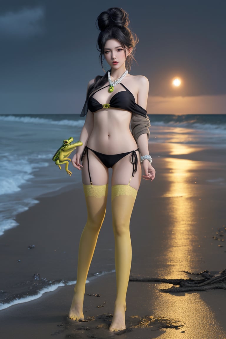 A Korean woman wearing a bun, shawl, necklace, ring, jade bracelet, yellow stockings, yellow high heels and a black bikini around her neck was holding a yellow poison dart frog on the beach on a thundering night!