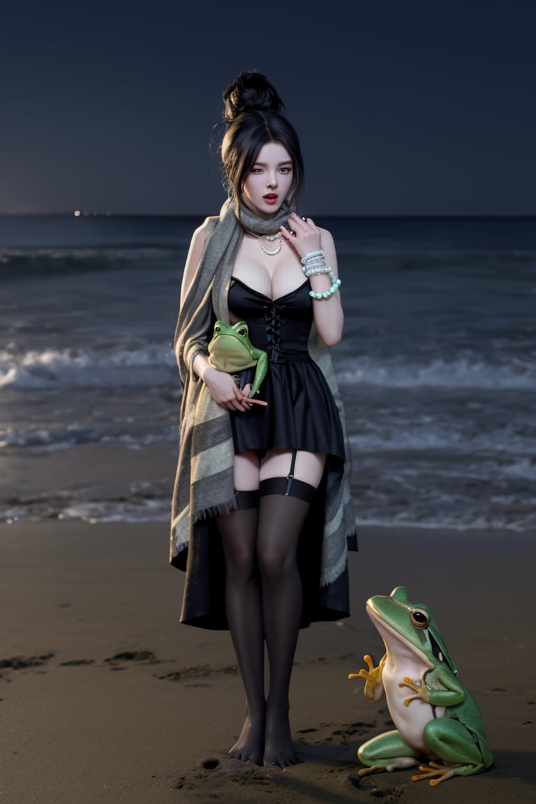 A Korean woman wearing a bun, shawl, necklace, ring, jade bracelet, stockings, rain boots and a black dress around her neck was holding a green frog on the beach at night and crying bitterly!