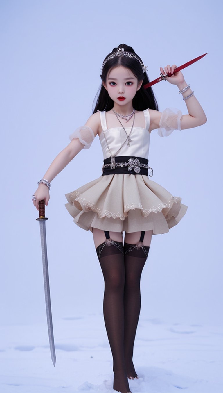 A Korean girl wearing a small dress, a headdress, a necklace, a ring, a bracelet, an anklet, stockings and lipstick danced a sword in the snow.