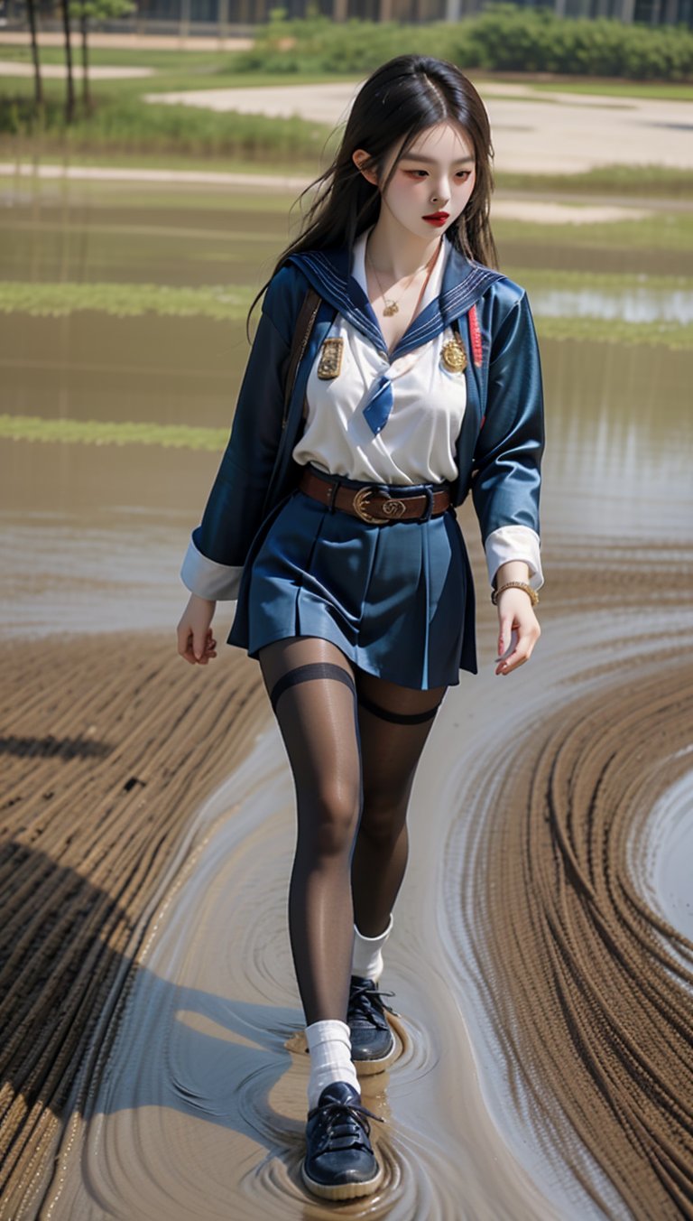 A Korean woman wearing a sailor hair, silk scarf, necklace, ring, bracelet, sailor suit, S belt, pantyhose and canvas shoes is rolling in the mud!