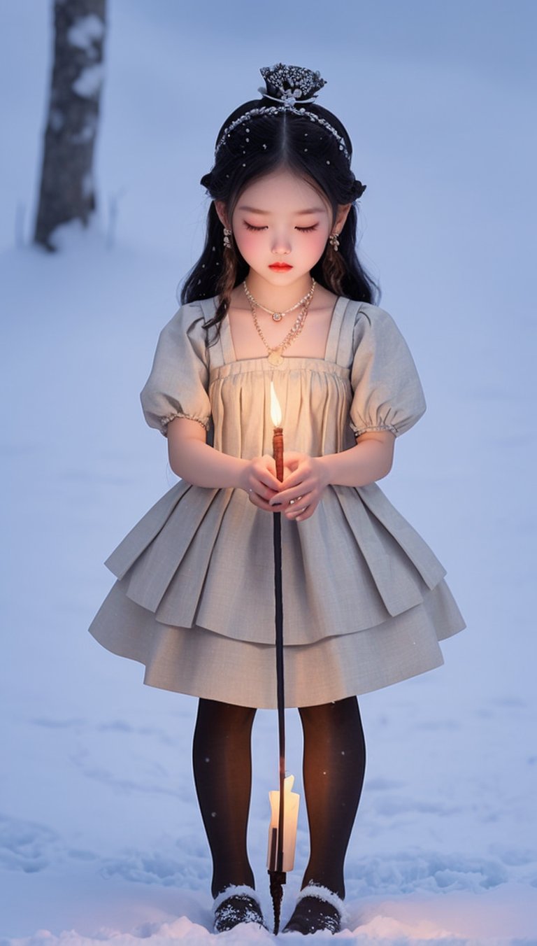 A little Korean girl wearing a small dress, a headdress, a necklace, a ring, a bracelet, an anklet, and stockings lit a match in the snow.