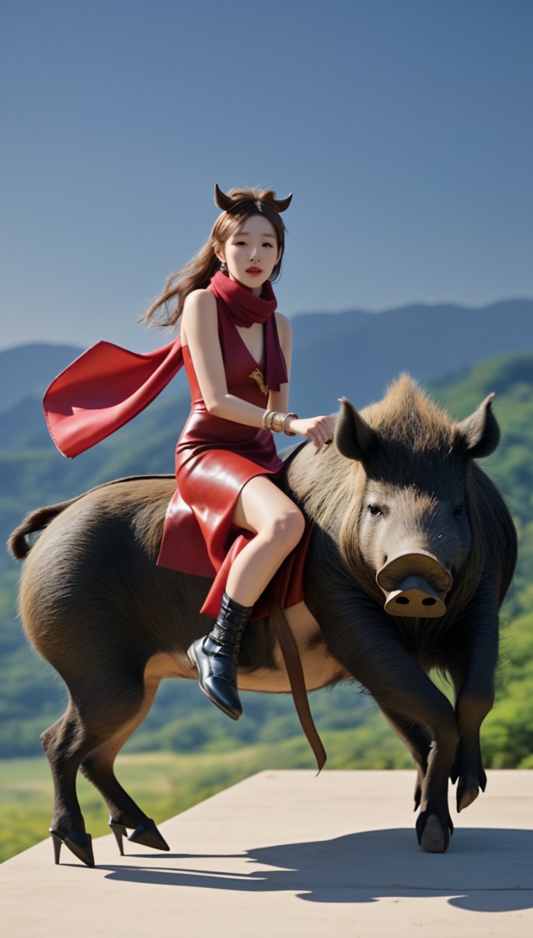 A Korean woman wearing a small dress, hair accessories, scarf, ring, bracelet, leather shoes, stockings and rouge and gouache is riding a wild boar.