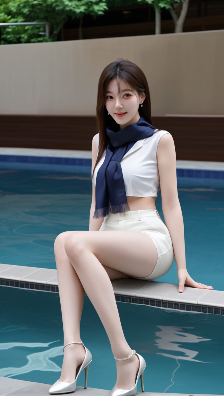 A Korean girl wearing a uniform, shorts, stockings, high heels, earrings and a silk scarf sat by the hotel swimming pool and played in the water.